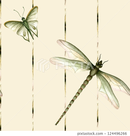 Dragonfly and butterfly on stripped background. Summer insects seamless pattern. Isolated watercolor illustration soft yellow background. For wrapping paper, packaging, textile, stationery, scrapbook 124496266