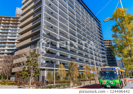Harumi Flags lined up at Harumi Pier in Chuo Ward, Tokyo Harumi Flags lined up at Harumi Pier in Chuo Ward, Tokyo 124496442