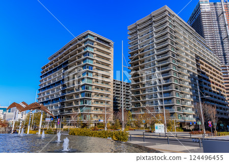 Harumi Flags lined up at Harumi Pier in Chuo Ward, Tokyo Harumi Flags lined up at Harumi Pier in Chuo Ward, Tokyo 124496455