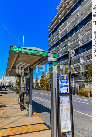 東京中央區晴海碼頭上整齊排列的晴海旗幟 124496460