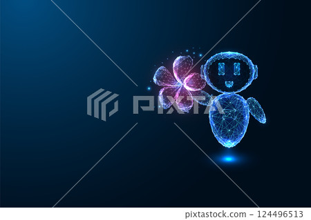 AI and kindness concept, futuristic chatbot holding glowing flower, artificial intelligence, vector AI and kindness concept, futuristic chatbot holding glowing flower, artificial intelligence, vector 124496513