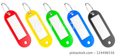 Colored Plastic Key Tags with empty labels, 3D rendering Colored Plastic Key Tags with empty labels, 3D rendering 124496538