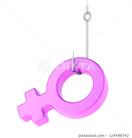 Fishing hook with pink female gender symbol, 3D rendering Fishing hook with pink female gender symbol, 3D rendering 124496542
