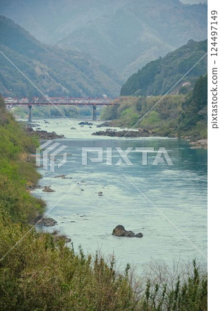 Shimanto River and Shimanto cherry blossoms in Kochi Prefecture 124497149