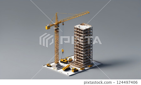 Minimalist Isometric 3D Tower Construction Scene Minimalist Isometric 3D Tower Construction Scene 124497406