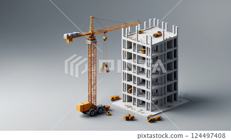 Minimalist Isometric 3D Construction Tower Scene Minimalist Isometric 3D Construction Tower Scene 124497408