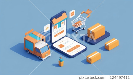 Isometric 3D Illustration of Delivery and Shopping Elements Isometric 3D Illustration of Delivery and Shopping Elements 124497411