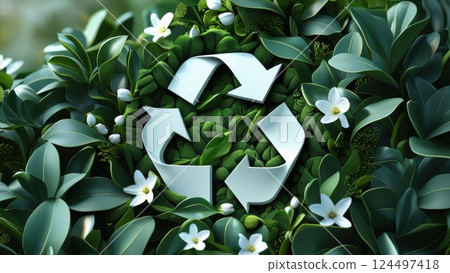 Stylish Modern Recycling Logo Amidst Lush Greenery Stylish Modern Recycling Logo Amidst Lush Greenery 124497418