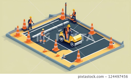 Isometric 3D Illustration of Road Construction Scene 124497456