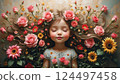 Whimsical Mural of a Cute Little Girl Surrounded by Flowers 124497458