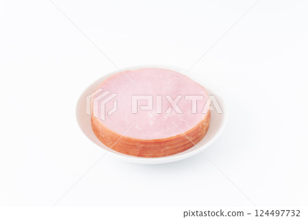 Slices of roast ham on a plate 124497732