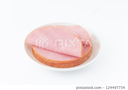 Slices of roast ham on a plate Slices of roast ham on a plate 124497734