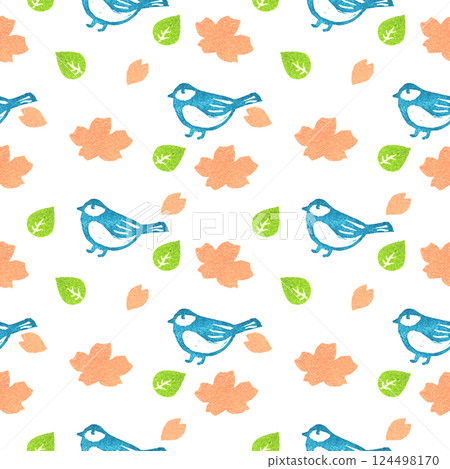 以櫻花和藍鳥為主題的春季印花 124498170