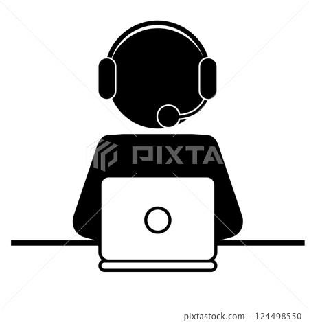 Pictogram of a person wearing a headset and working on a computer 124498550