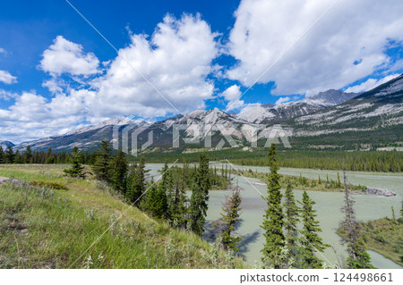 Athabasca River Flowing Through Jasper National Park, Alberta, Canada. Breathtaking Scenic View in the Canadian Rockies 124498661