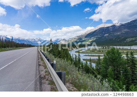Yellowhead Highway and Athabasca River in Jasper National Park, Alberta, Canada. Breathtaking Scenic View in the Canadian Rockies 124498663