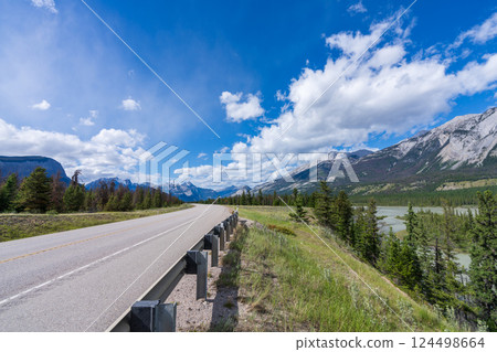 Yellowhead Highway and Athabasca River in Jasper National Park, Alberta, Canada. Breathtaking Scenic View in the Canadian Rockies Yellowhead Highway and Athabasca River in Jasper National Park, Alberta, Canada. Breathtaking Scenic View in the Canadian Rockies 124498664
