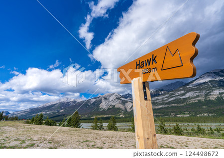 Hawk Mountain Signpost in Jasper National Park. Canadian Rockies summer landscape. Alberta, Canada 124498672