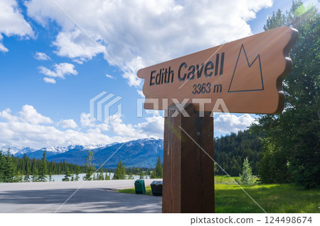 Mount Edith Cavell Signpost in Jasper National Park. Canadian Rockies summer landscape. Alberta, Canada Mount Edith Cavell Signpost in Jasper National Park. Canadian Rockies summer landscape. Alberta, Canada 124498674