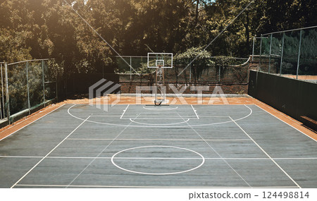 Empty basketball court, field or training ground for match, game or competition. Sports venue, stadium or sports court for practice, workout or exercise, recreation or activities outdoors from above. 124498814