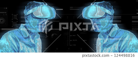 Virtual reality, metaverse and hologram with a man using vr goggles to access the digital world or gaming. Future, 3d and ai with a male gamer in a headset while playing a futuristic game online 124498816