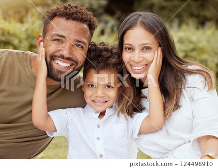 Love, happy and portrait of black family in nature park for fun picnic, bonding and enjoy outdoor quality time together. Happiness, peace and freedom for mother, dad and kid with parents on holiday 124498910
