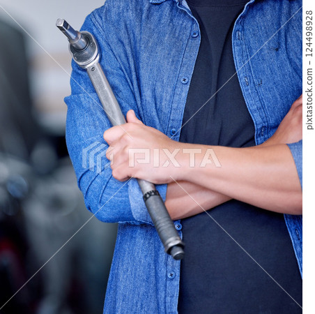 Man, hands and mechanic tool with arms crossed for vehicle repairs, assistance and engineering at garage. Professional hand of male mechanical engineer holding ratchet for car service or maintenance Man, hands and mechanic tool with arms crossed for vehicle repairs, assistance and engineering at garage. Professional hand of male mechanical engineer holding ratchet for car service or maintenance 124498928