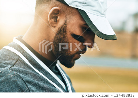 Baseball player, face and thinking of game strategy in fitness, workout and training on grass field pitch. Zoom, sports man or softball player in match exercise with stress, anxiety or mental burnout Baseball player, face and thinking of game strategy in fitness, workout and training on grass field pitch. Zoom, sports man or softball player in match exercise with stress, anxiety or mental burnout 124498932