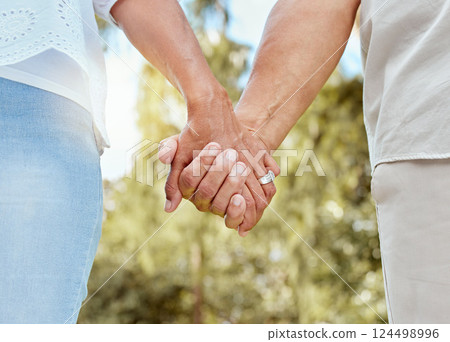 Marriage, support and hands of retirement couple in nature together for wellness, care and love. Elderly, pension and married people in garden for wellbeing, health and sunlight outside. 124498996