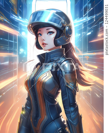 Illustration of a female rider wearing a helmet Illustration of a female rider wearing a helmet 124499031