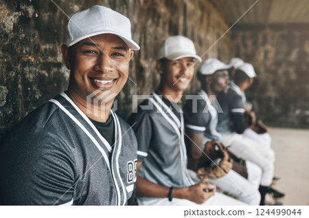Portrait, team and baseball people smile, happy and sitting in dugout with sports uniform before game, training or match. Men baseball player group smiling before practice with happiness or teamwork 124499044