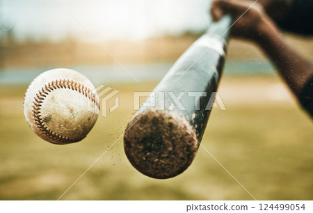 Baseball hit, sports and athlete on a outdoor field hitting a ball in a game with a baseball bat. Sport, baseball player and man busy with exercise, fitness and workout training on green grass 124499054