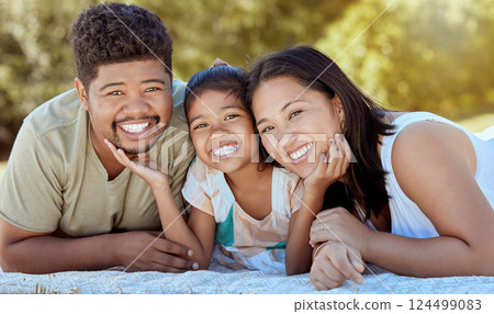 Love, happy family picnic and portrait of relax mother, father and child having fun, bond and enjoy quality nature time together. Happiness, outdoor peace and park freedom for youth girl and parents 124499083
