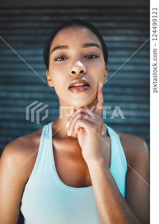 Black woman, beauty make up and fitness healthcare or wellness motivation. Portrait of young African beautiful female, confident face and health athlete active lifestyle against background in city 124499121