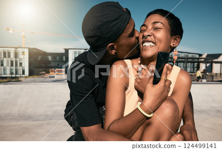 Couple, hug and kiss while bonding in city with phone for social media and internet search for fun Brazilian activity. Smile, happy and love man and black woman with 5g mobile technology and fashion Couple, hug and kiss while bonding in city with phone for social media and internet search for fun Brazilian activity. Smile, happy and love man and black woman with 5g mobile technology and fashion 124499141