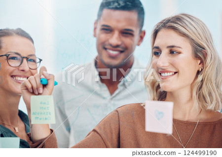 People meeting in office, sticky notes with business teamwork and creative company planning strategy. Happy employee group brainstorming, schedule project research and workshop ideas for our vision 124499190
