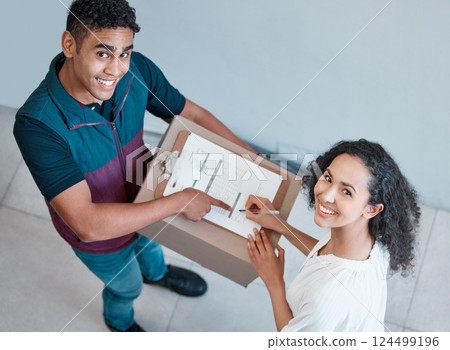 eCommerce delivery, woman sign for package and safe shipping of online shopping product to a customer house. Courier service transports box, happy customer and smile receiving retail parcel at home eCommerce delivery, woman sign for package and safe shipping of online shopping product to a customer house. Courier service transports box, happy customer and smile receiving retail parcel at home 124499196