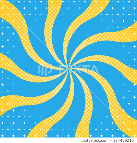 Curvy sunburst, halftone polka dots, light effects, pop design, square size Curvy sunburst, halftone polka dots, light effects, pop design, square size 124499210
