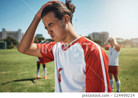 Sport fail, soccer team loss and athlete angry about sports game results on a outdoor field. Football, soccer player and teamwork upset after exercise, workout and training for fitness and cardio Sport fail, soccer team loss and athlete angry about sports game results on a outdoor field. Football, soccer player and teamwork upset after exercise, workout and training for fitness and cardio 124499214