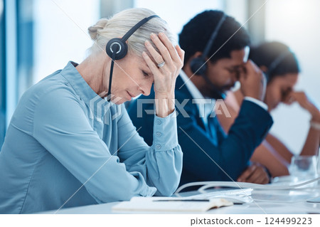 Telemarketing team, customer service employees and stressed crm workers at office desk. Senior business woman burnout, call center compliance consultant agent and stress headache on call with headset 124499223