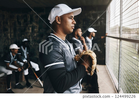 Baseball, training and coach in dugout, thinking and serious ,planning and sports strategy. Sport, stadium and goal vision by team trainer watching game with baseball player group in background Baseball, training and coach in dugout, thinking and serious ,planning and sports strategy. Sport, stadium and goal vision by team trainer watching game with baseball player group in background 124499226