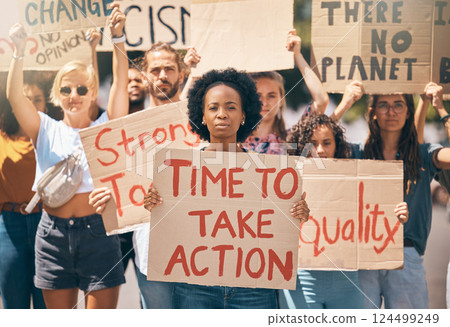 Group, protest and portrait in street, poster or climate change with march, walking or together for change. People, diversity or action in activism, equality or empowerment for racism, lgbt and earth 124499249