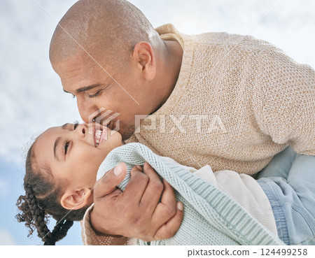 Love, sky and father kiss kid while having fun, play and enjoy outdoor quality time together for peace, freedom and bond. Black family happiness, clouds and child care for happy youth girl with dad Love, sky and father kiss kid while having fun, play and enjoy outdoor quality time together for peace, freedom and bond. Black family happiness, clouds and child care for happy youth girl with dad 124499258