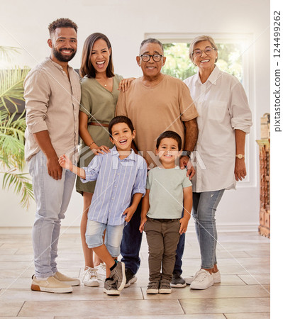 Big family, portrait and bonding in home together with grandmother, grandfather and children. Generation, mother and father together relaxing in a loving bond at home for care and happiness 124499262