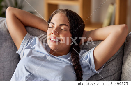 Woman, smile and relax on sofa in living room with happy on vacation, holiday or break in house. Happiness, home and couch with lady in freedom, self care and calm in lounge, wellness and health Woman, smile and relax on sofa in living room with happy on vacation, holiday or break in house. Happiness, home and couch with lady in freedom, self care and calm in lounge, wellness and health 124499275