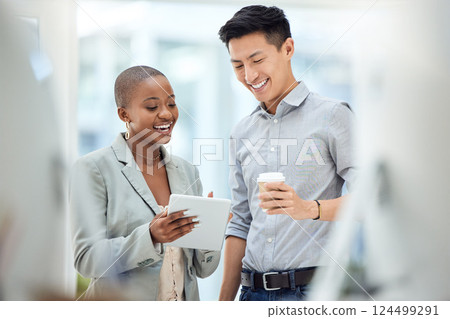 Tablet, smile and employees talking about business on the internet, online partnership and reading an email together at work. Marketing workers with idea for creative collaboration on technology 124499291