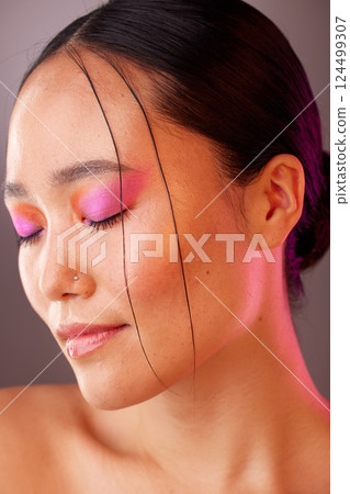 Beauty, makeup and face, woman and skincare with natural cosmetics advertising closeup. Asian model, skin and facial treatment, cosmetology and glow, body care and wellness, clean and fresh. 124499307