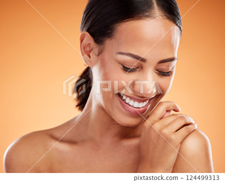 Happy, skincare and natural beauty of a black woman model with a smile feeling happiness about skin. Cosmetic, beautiful and relax person from New York smiling about body wellness and health 124499313