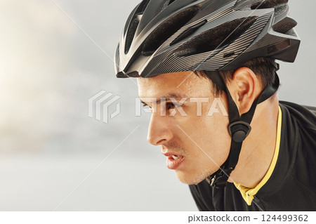 Fitness, man and head of cycling helmet for sports motivation in exercise, workout and training on mockup background. Closeup of tired male sweating from intense cycle tour in healthy cardio sport 124499362