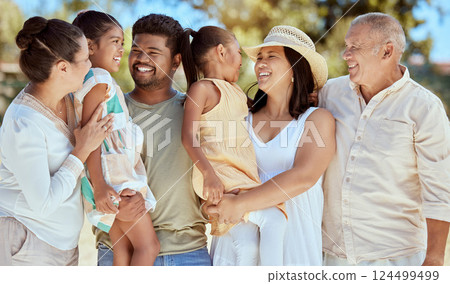 Nature, love and big family on summer vacation holiday outdoors bonding, relaxing and having fun in Guadalajara. Grandparents, mom and dad with kids siblings enjoying quality time together in Mexico 124499499